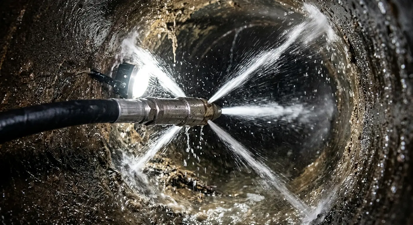 High-pressure hydro jetting nozzle cleaning sewer pipe for Emergency Drain Service in South Fulton