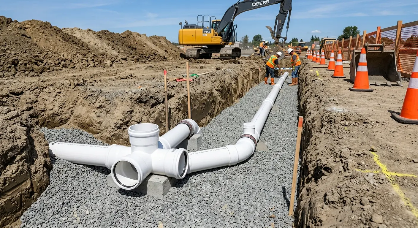 New PVC sewer pipe installation in open trench for Sewer Camera Inspection in South Fulton