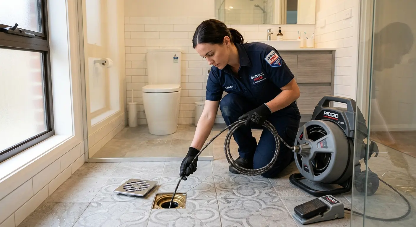 Technician clearing a bathroom floor drain for Drain Repair in South Fulton